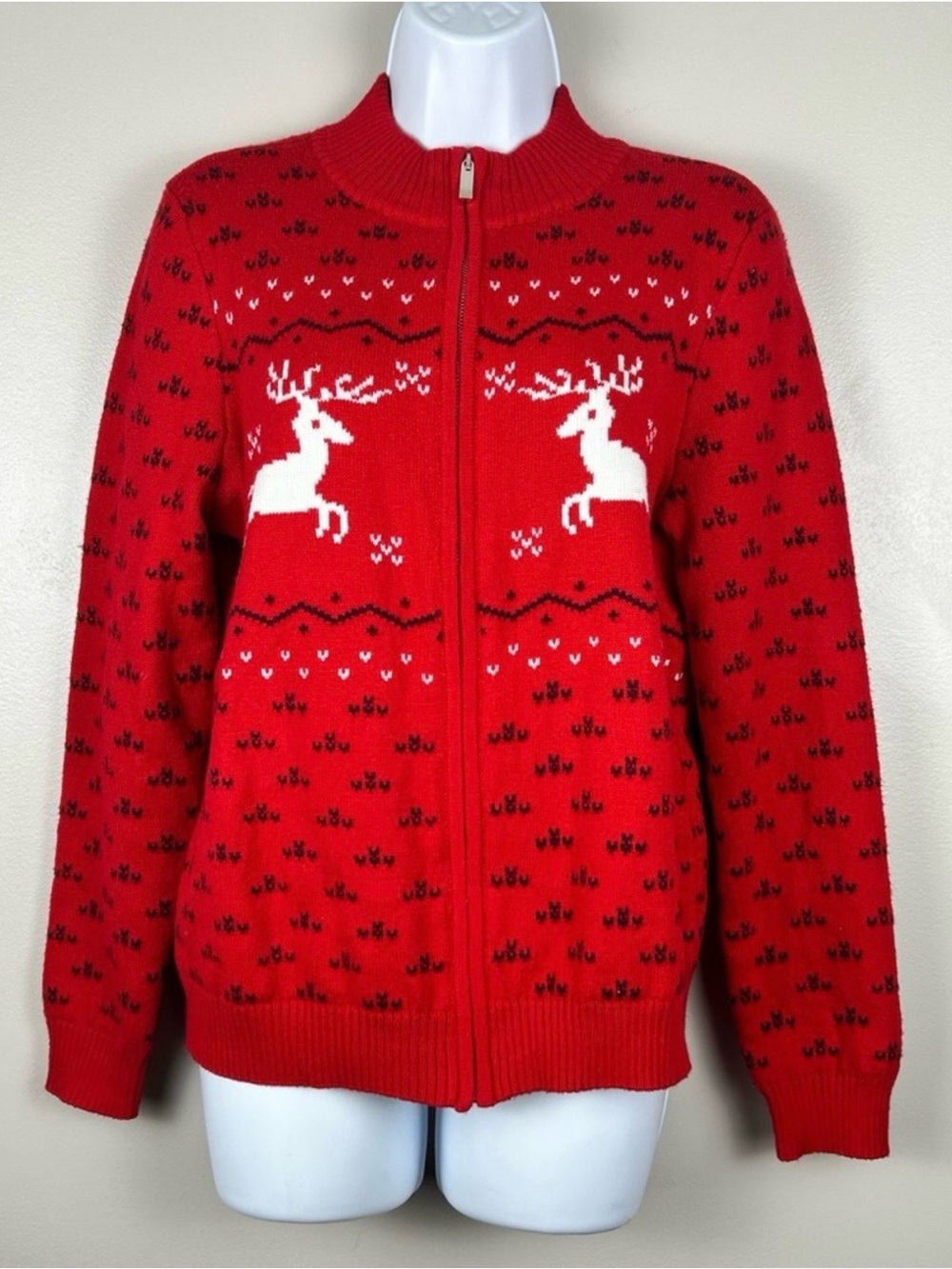 Talbots Red Fair Isle Zip-Up Reindeer Knit Cardigan Sweater Small